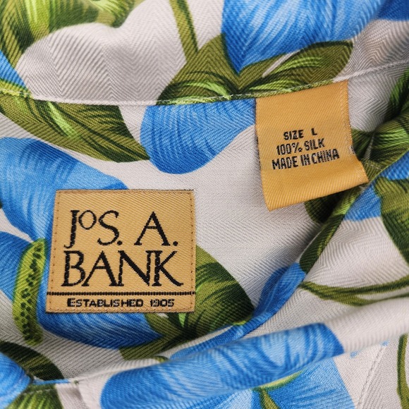 Jos A Bank Silk Camp Shirt Tropical Floral Blue Green Short Sleeve Button Up L - Picture 3 of 9